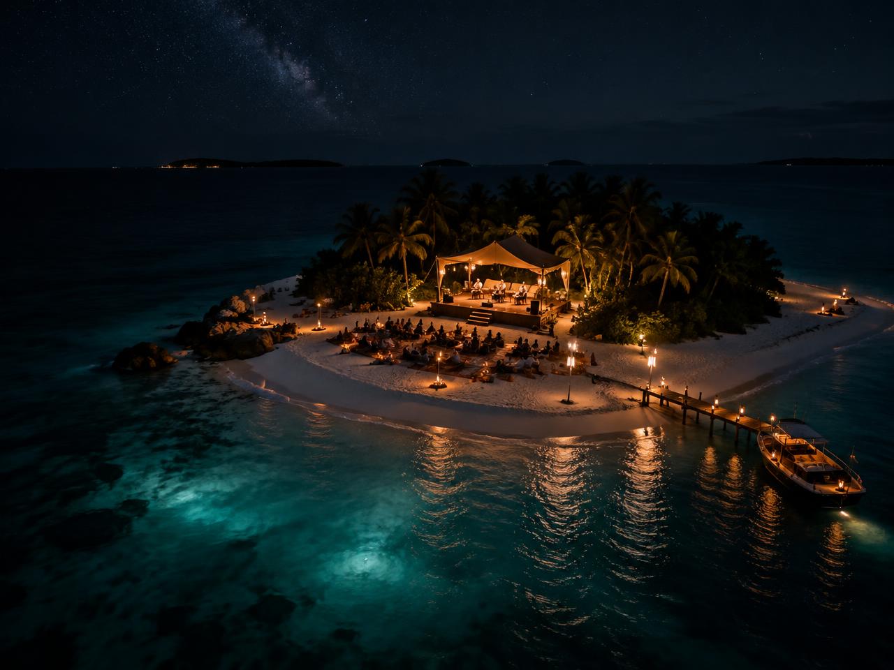 Lantern-lit performance stage on a remote private island sandbank beneath a starry sky