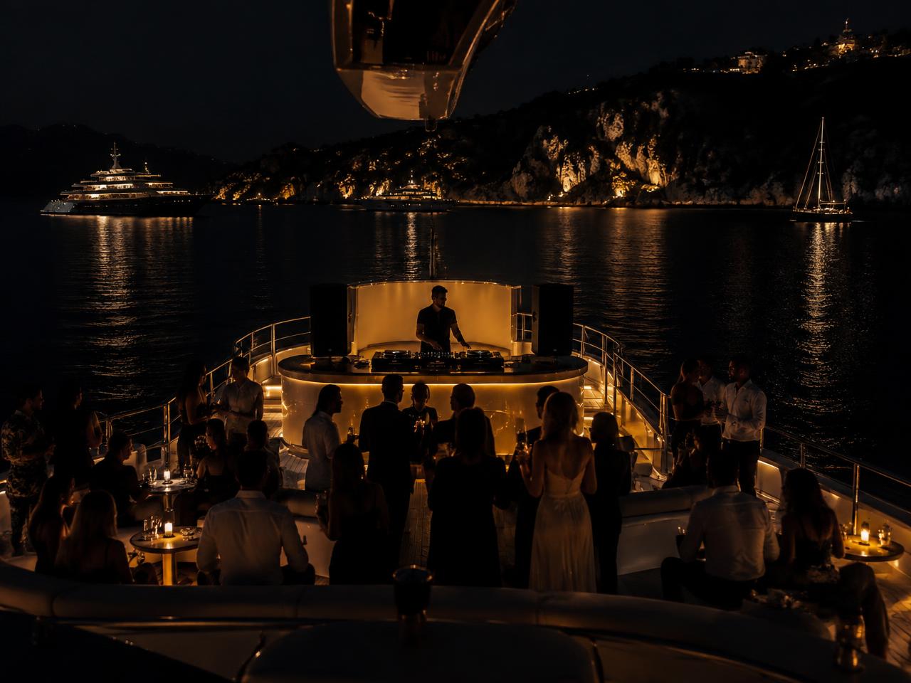 DJ performing on the aft deck of a superyacht anchored in a dark bay at night