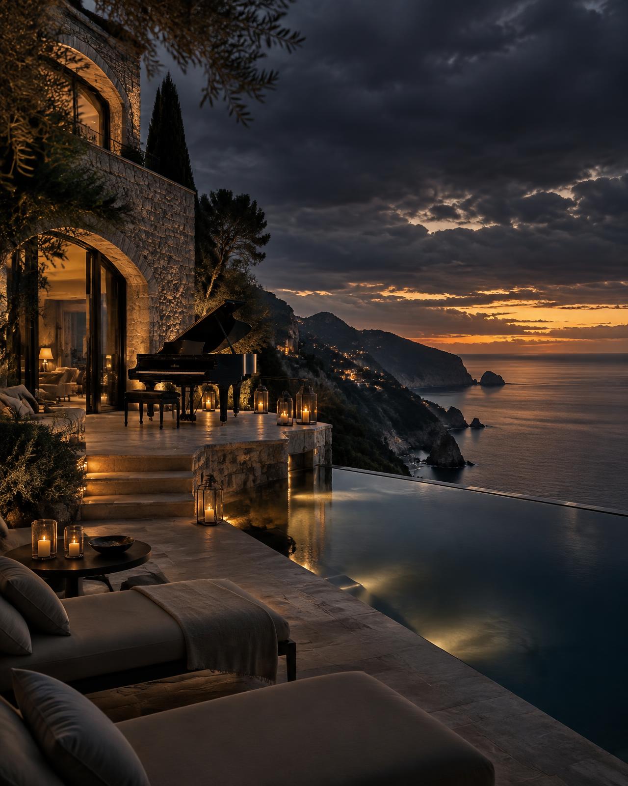 Grand piano on a candlelit cliffside villa terrace overlooking the sea at dusk